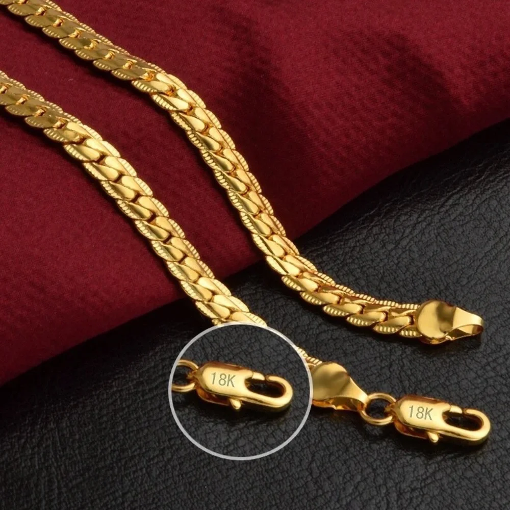 18k Gold 45cm 5MM Full Sideways Chain Necklace For Women Men Fashion Jewelry - Picture 1 of 3
